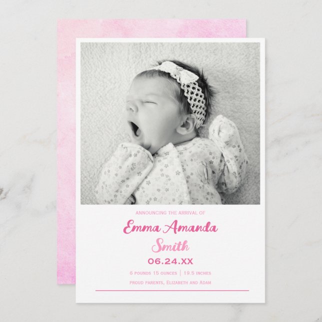 Simple cute baby girl Birth announcement (Front/Back)