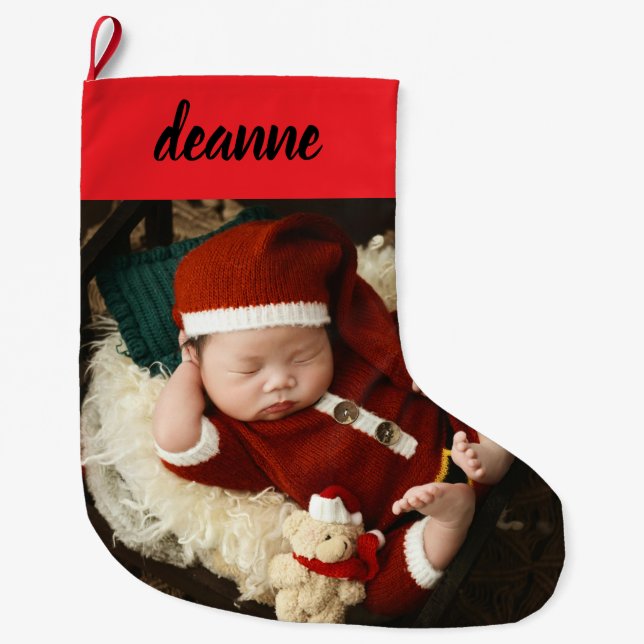 Simple Cute Baby's First Christmas 1 Photo Large Christmas Stocking (Front)