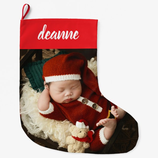 Simple Cute Baby's First Christmas 1 Photo Large Christmas Stocking (Front)