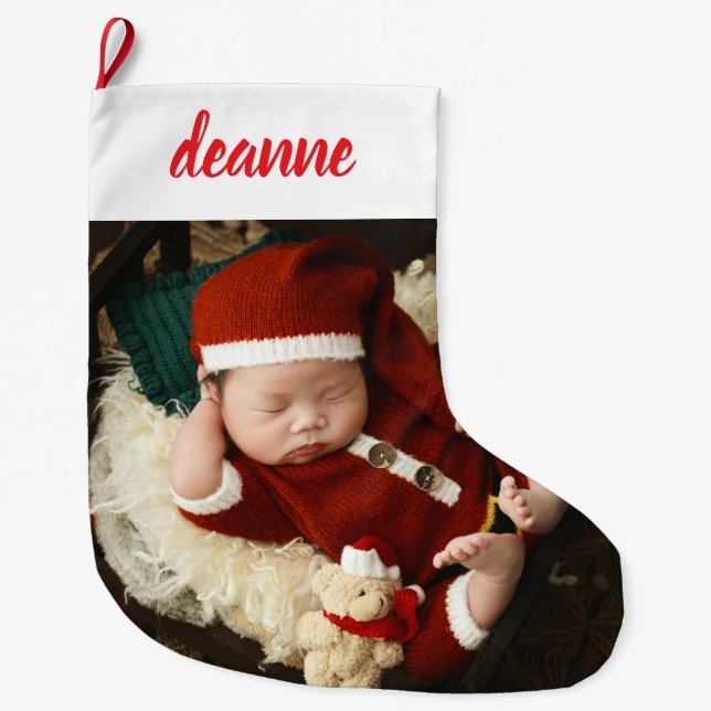 Simple Cute Baby's First Christmas 1 Photo Large Christmas Stocking (Front)