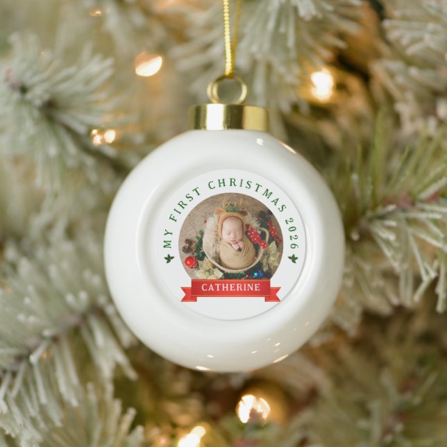 Simple Cute Baby's First Christmas Custom Name Ceramic Ball Christmas Ornament (Tree)