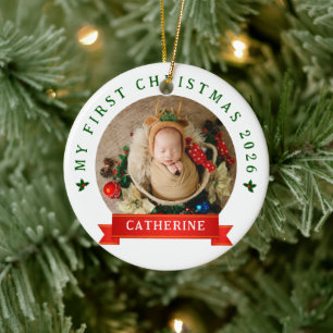 Simple Cute Baby's First Christmas Custom Name Ceramic Tree Decoration