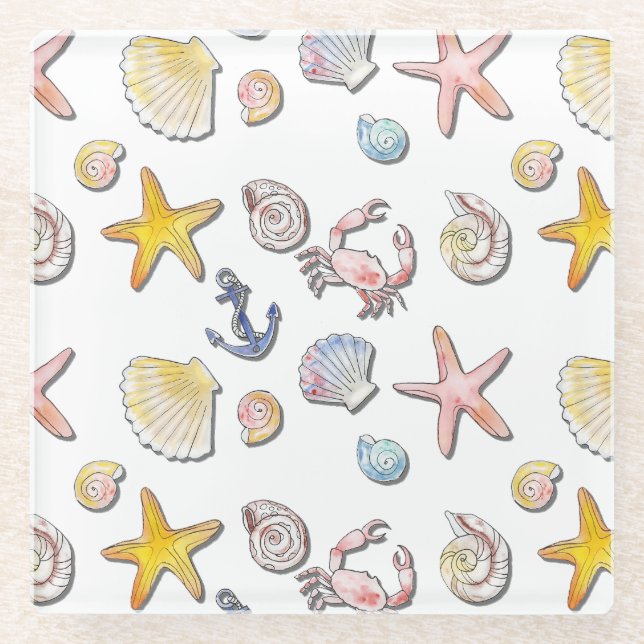Simple Cute Beach Design  Glass Coaster (Front)