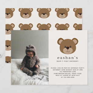 Simple Cute Bearly One Photo 1st Birthday Invitation