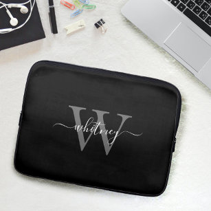 Simple Cute Black & White Monogram Name & Initial Laptop Sleeve