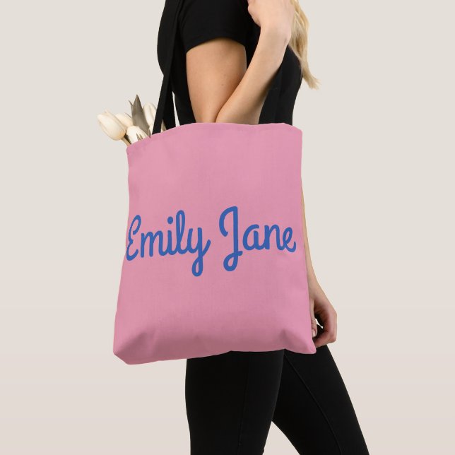 Simple Cute Blue and Pink Personalised Tote Bag (Close Up)
