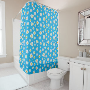 Simple Cute Blue with White Daisy Floral Pattern Shower Curtain