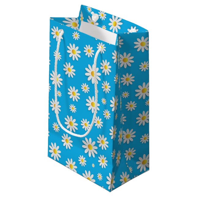 Simple Cute Blue with White Daisy Floral Pattern Small Gift Bag (Front Angled)