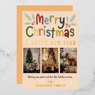 Simple Cute Colourful Merry Christmas Family Photo Foil Holiday Card