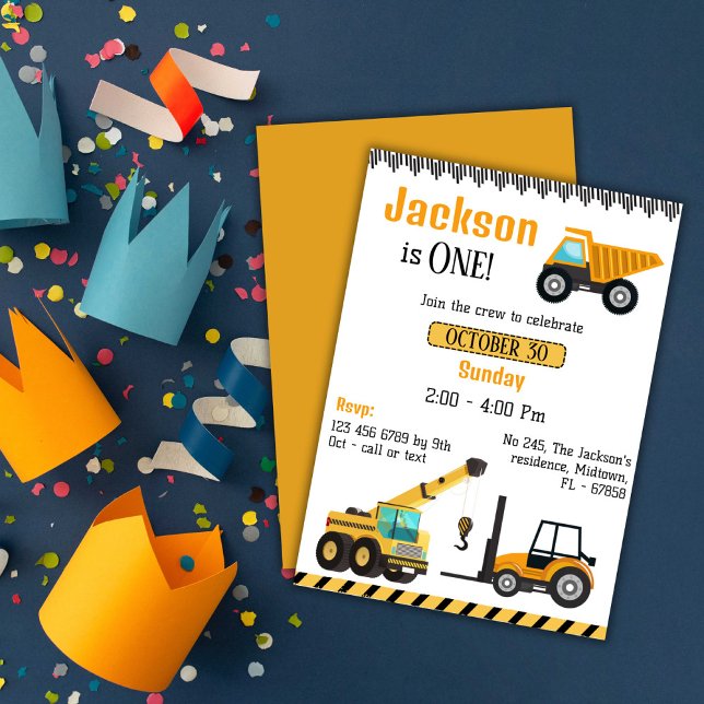 Simple cute construction truck kids 1st birthday  invitation (Creator Uploaded)