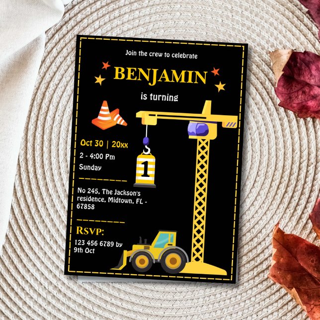 Simple cute construction truck kids 1st birthday invitation (Creator Uploaded)