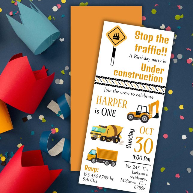 Simple  cute construction truck kids 1st birthday invitation (Creator Uploaded)