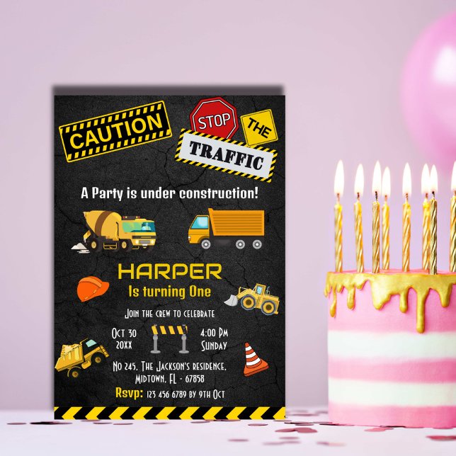 Simple cute construction truck kids 1st birthday  invitation (Creator Uploaded)