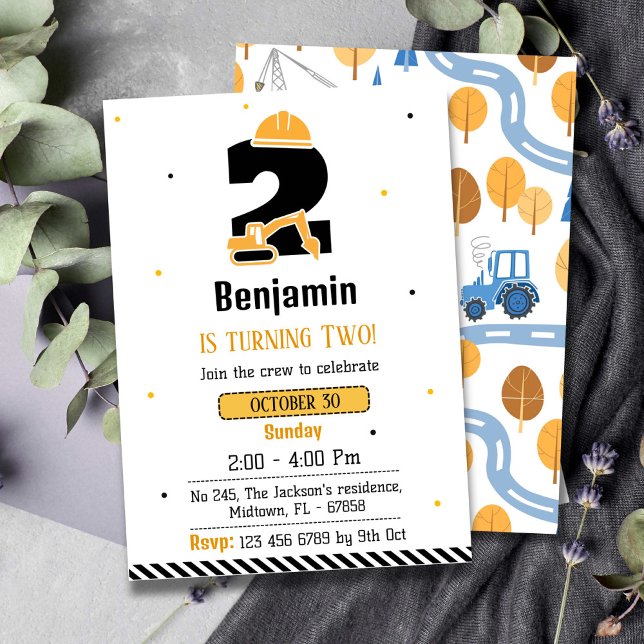 Simple cute construction truck kids 2nd birthday invitation (Creator Uploaded)
