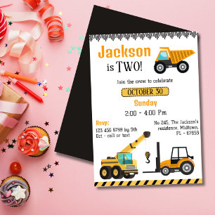 Simple cute construction truck kids 2nd birthday  invitation