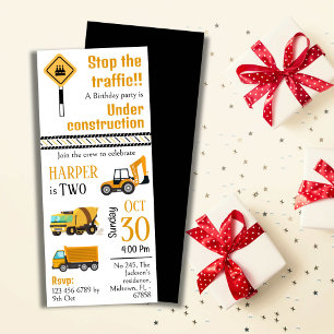 Simple  cute construction truck kids 2nd birthday invitation