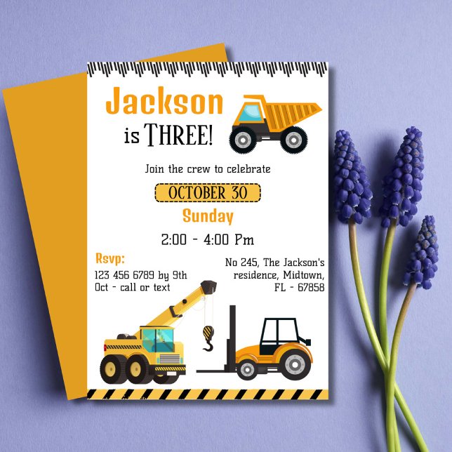 Simple cute construction truck kids 3rd birthday  invitation (Creator Uploaded)