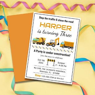 Simple cute construction truck kids 3rd birthday  invitation
