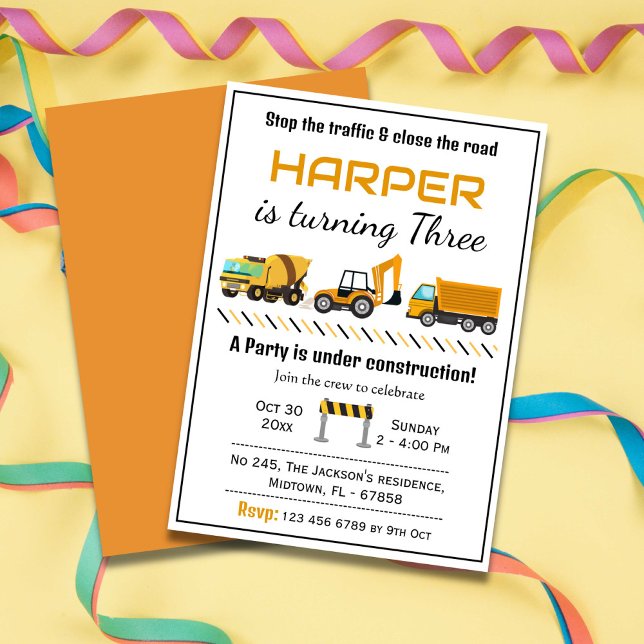 Simple cute construction truck kids 3rd birthday  invitation (Creator Uploaded)