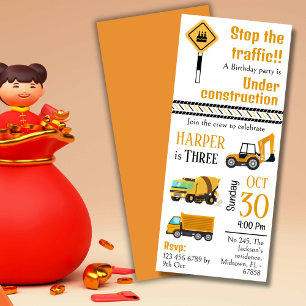 Simple  cute construction truck kids 3rd birthday invitation
