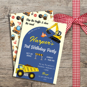 Simple cute construction truck kids 3rd birthday  invitation
