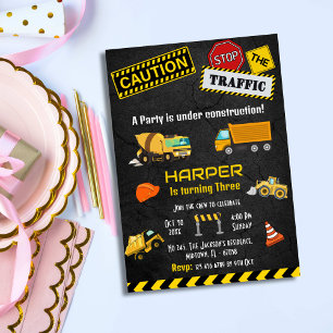 Simple cute construction truck kids 3rd birthday invitation