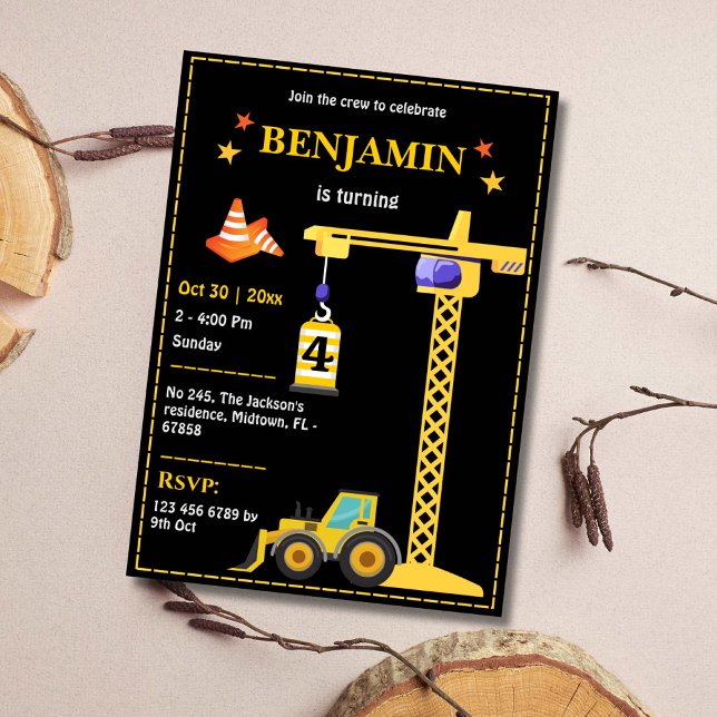 Simple cute construction truck kids 4th birthday invitation (Creator Uploaded)