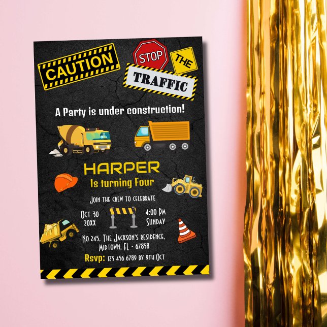 Simple cute construction truck kids 4th birthday invitation (Creator Uploaded)