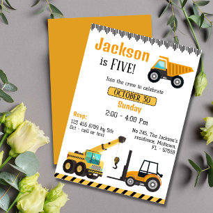 Simple cute construction truck kids 5th birthday  invitation