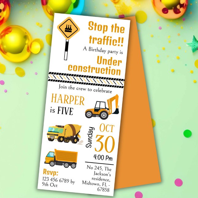 Simple  cute construction truck kids 5th birthday invitation (Creator Uploaded)