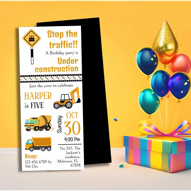Simple  cute construction truck kids 5th birthday invitation (Creator Uploaded)