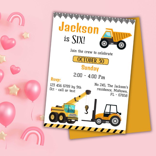 Simple cute construction truck kids 6th birthday  invitation (Creator Uploaded)