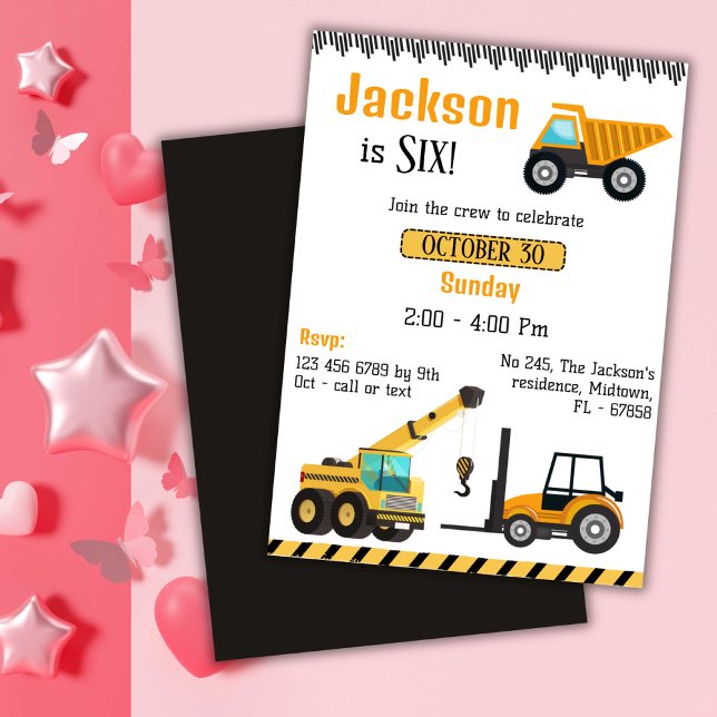 Simple cute construction truck kids 6th birthday  invitation (Creator Uploaded)
