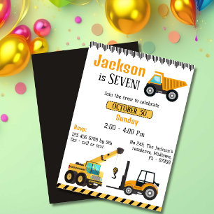 Simple cute construction truck kids 7th birthday  invitation