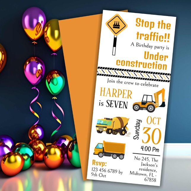 Simple  cute construction truck kids 7th birthday invitation (Creator Uploaded)