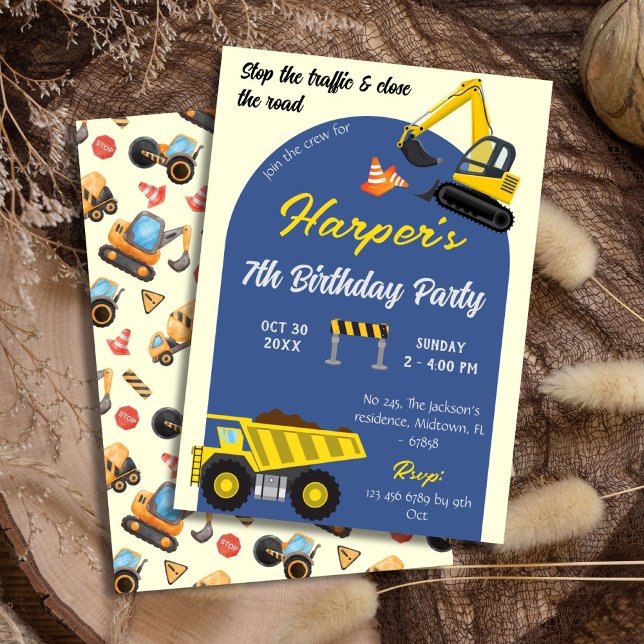 Simple cute construction truck kids 7th birthday invitation (Creator Uploaded)