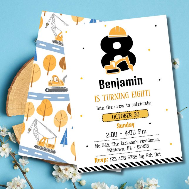 Simple cute construction truck kids 8th birthday  invitation (Creator Uploaded)