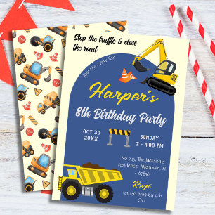 Simple cute construction truck kids 8th birthday invitation