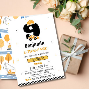 Simple cute construction truck kids 9th birthday invitation