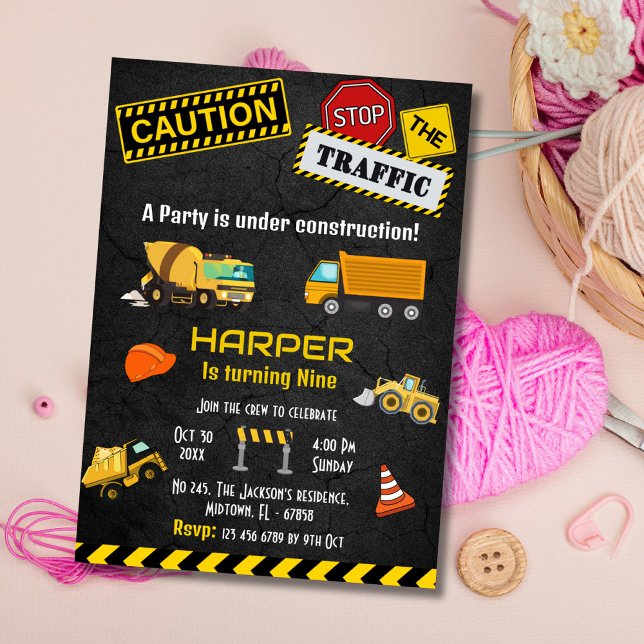 Simple cute construction truck kids 9th birthday  invitation (Creator Uploaded)