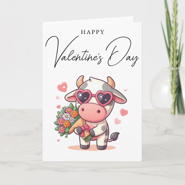 Simple Cute Cow Happy Valentine's Day Holiday Card (Front)