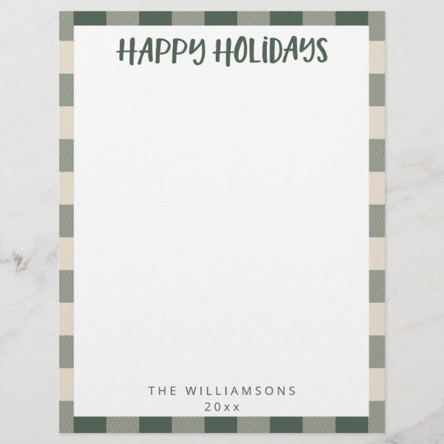 Simple Cute Custom Green Plaid Holiday Stationery  Letterhead (Front)