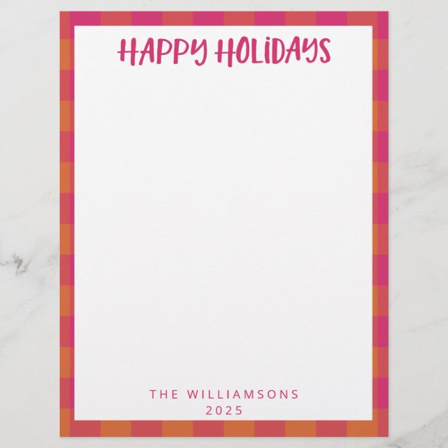 Simple Cute Custom Pink Plaid Holiday Stationery  Custom Letterhead (Front)
