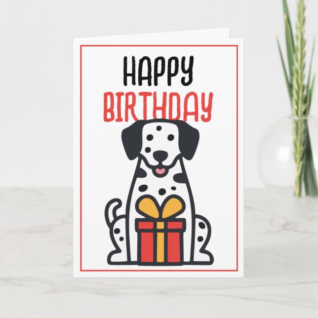 Simple Cute Dalmatian Dog with Gift Box Birthday Card (Front)