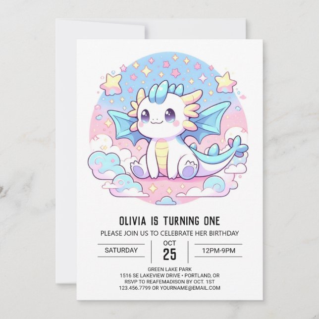 Simple Cute Dragon 1st Birthday Invitation (Front)