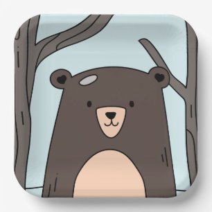 Simple Cute Drawing of Bear in the Woods Party Paper Plate