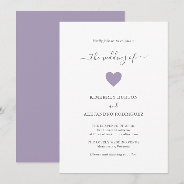 Simple Cute Dusty Purple Heart Modern Wedding Invitation (Front/Back)