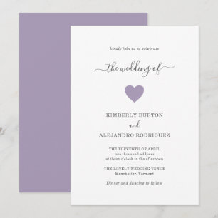 Simple Cute Dusty Purple Heart Modern Wedding Invitation