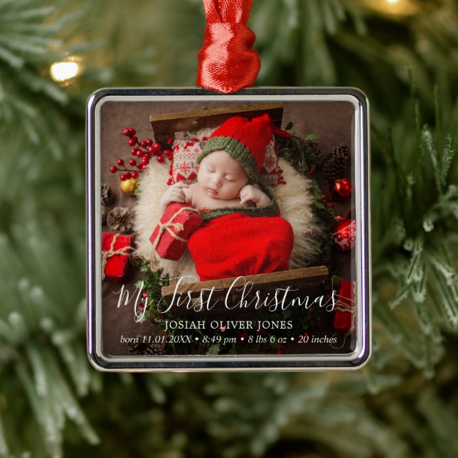 Simple Cute Elegant Baby Photo My First Christmas Metal Tree Decoration (Tree)