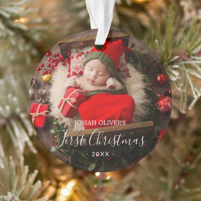 Simple Cute Elegant Photo Baby First Christmas Ornament (Tree)